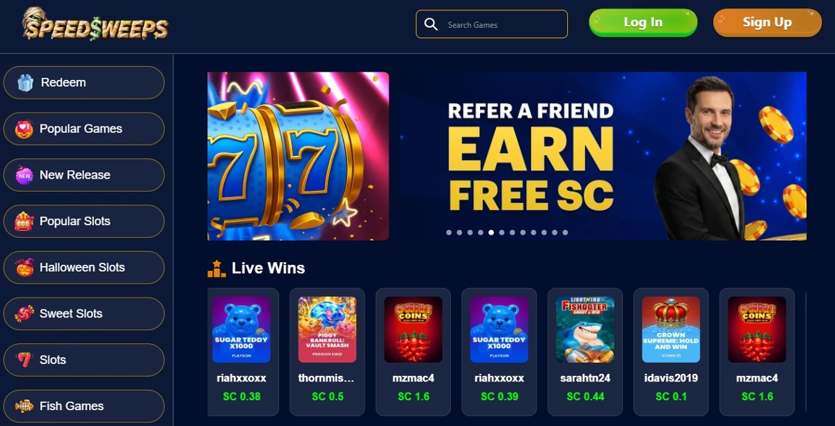 SpeedSweeps homepage with refer-a-friend banner, Live Wins feed, and game category menu.